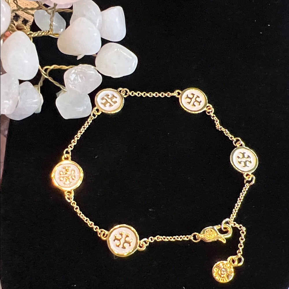 Tory Burch Gold Chain Bracelet with White Logo Medallions - Picture 1 of 1
